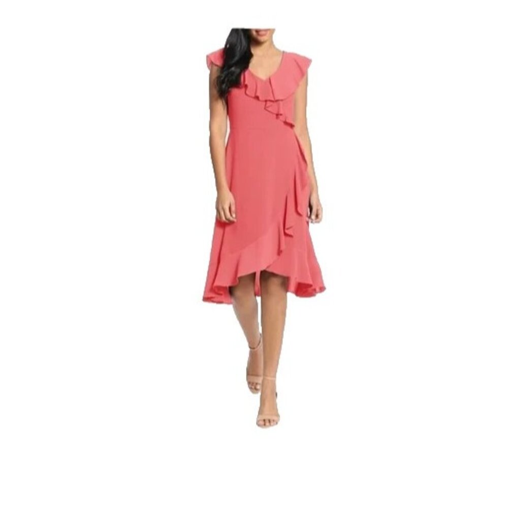 London Times Womens Size 12 Coral Chiffon Dress Ruffle Guest of Wedding NEW